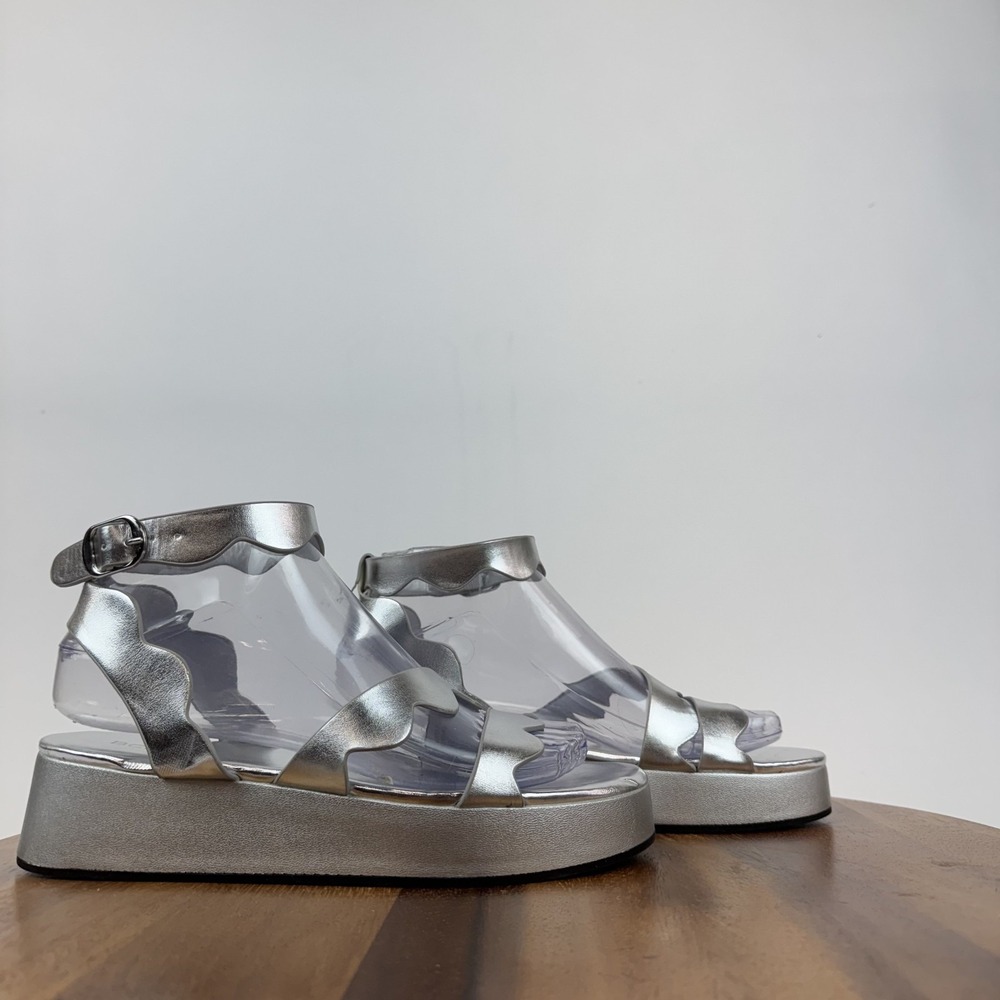 New Womens BCBGeneration Faye Silver Faux Leather Platform Wedge Sandal Size 6.5